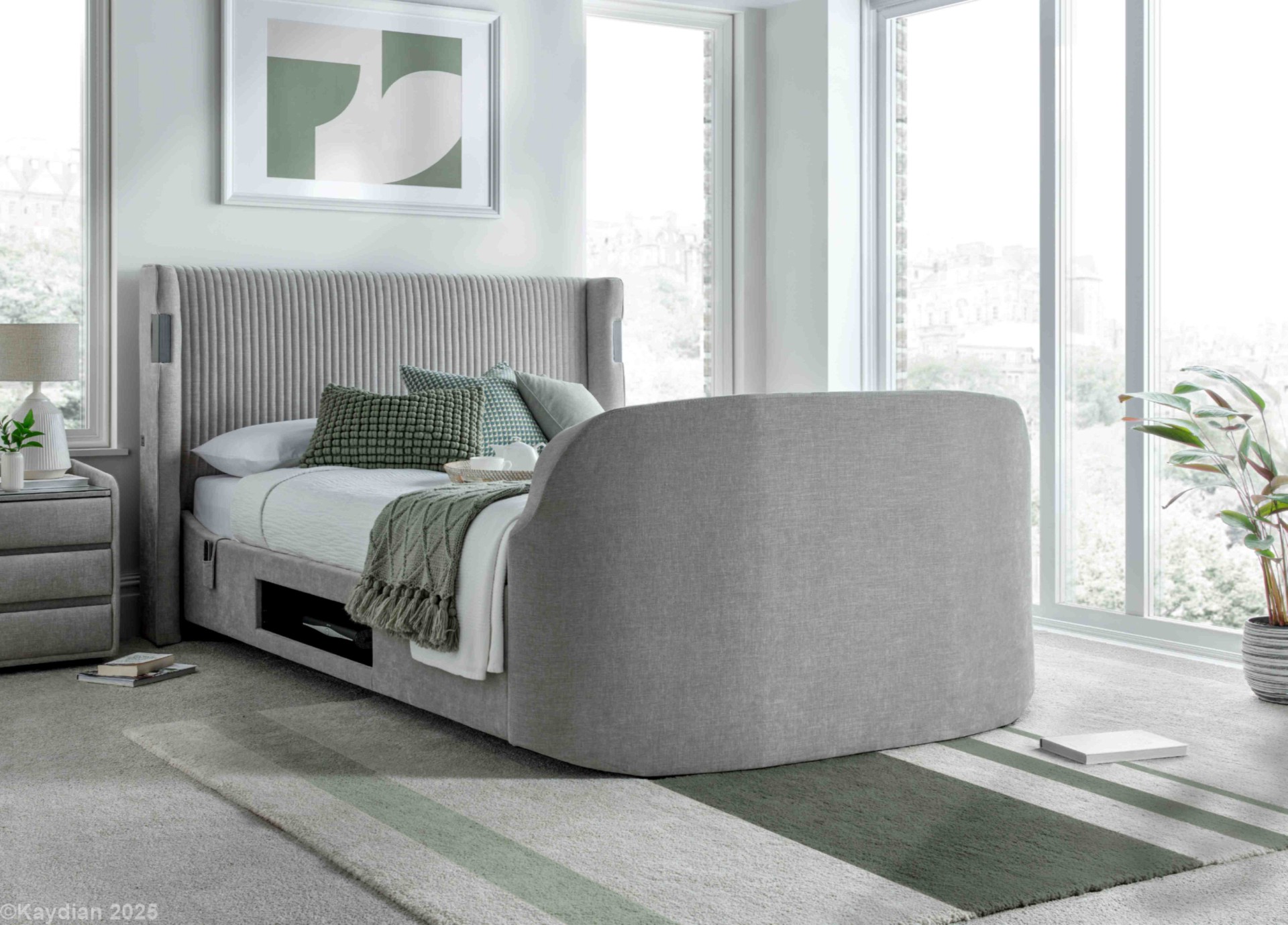 thumbnail_Darras Dolby Atmos Mandarin Light Grey - Main Angle Dolby Atomos Multi Media TV Bed Frame - Image 1